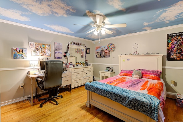 bedroom with ceiling fan, light hardwood / wood-style floors, and ornamental molding