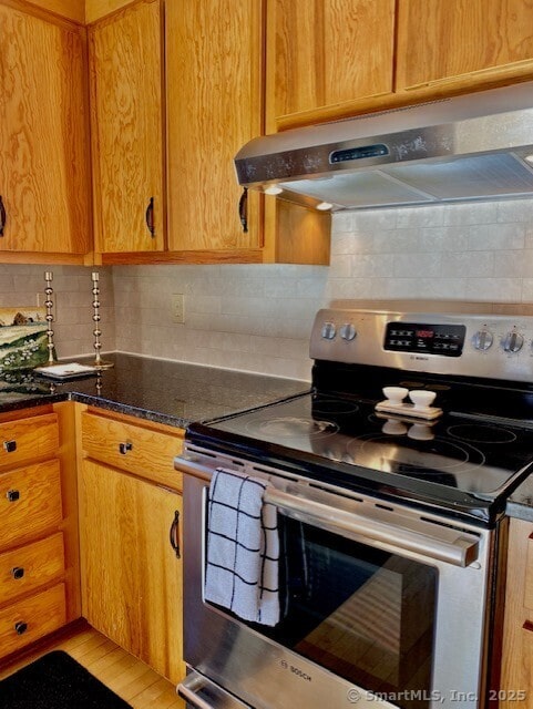 kitchen with dark stone counters, electric range, decorative backsplash, and extractor fan