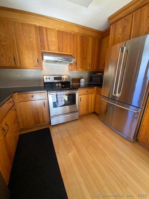 kitchen featuring light wood-type flooring, a textured ceiling, and appliances with stainless steel finishes