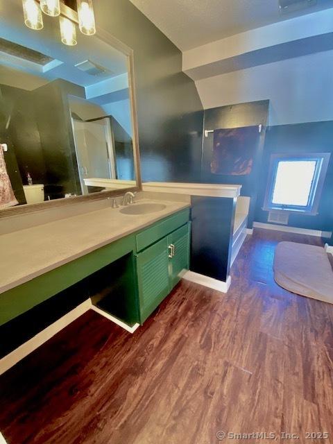 bathroom with wood-type flooring and vanity