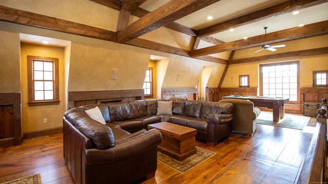 living room with dark wood-type flooring, pool table, and beam ceiling