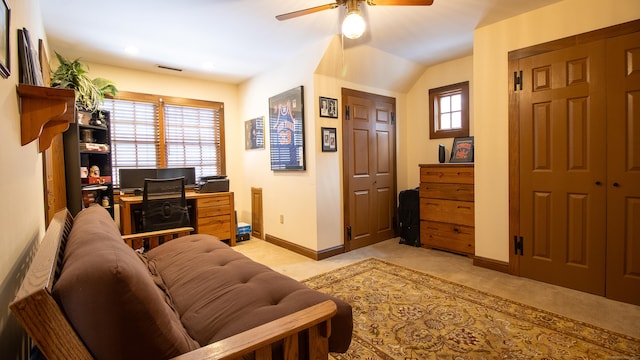 interior space featuring ceiling fan