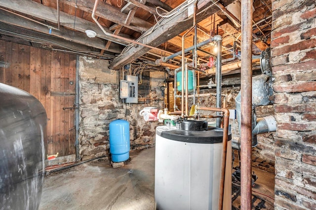 utility room with electric panel and water heater