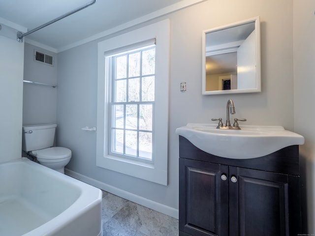 bathroom with vanity, a bath, and toilet