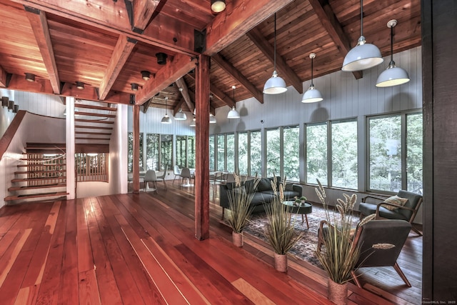 interior space with lofted ceiling with beams