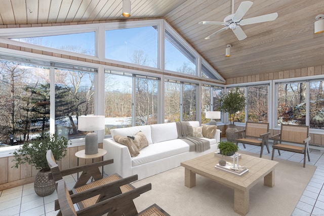 sunroom with a healthy amount of sunlight, wood ceiling, and vaulted ceiling