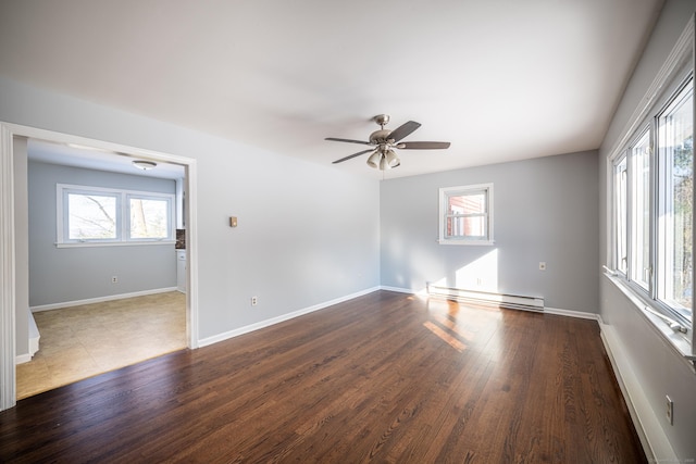 unfurnished room featuring dark hardwood / wood-style flooring, ceiling fan, and baseboard heating