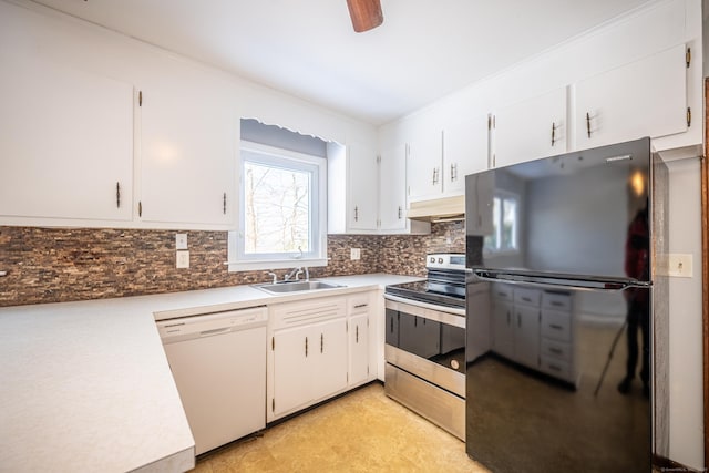 kitchen with sink, white cabinetry, black refrigerator, white dishwasher, and stainless steel electric stove