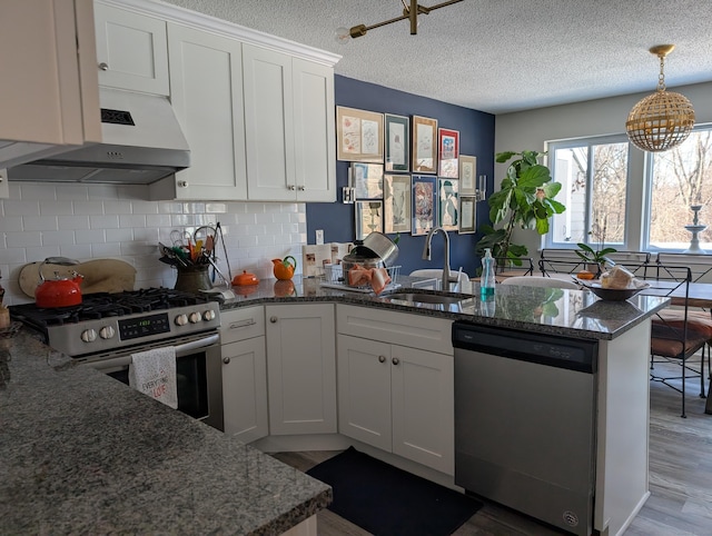 kitchen with white cabinetry, appliances with stainless steel finishes, range hood, and sink