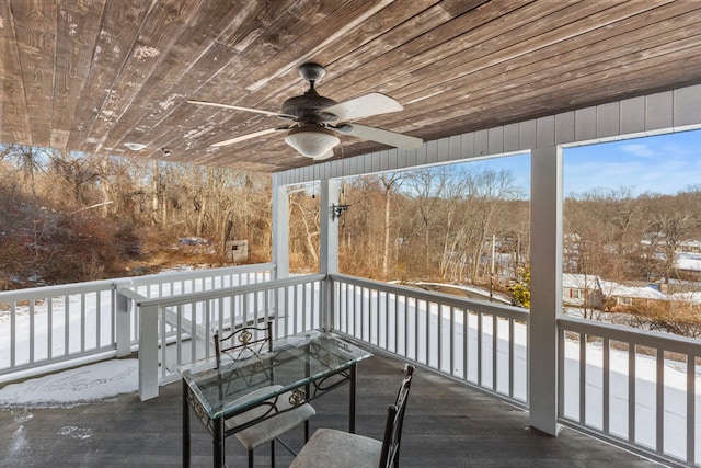 snow covered deck with ceiling fan