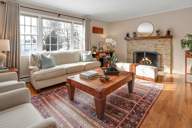 living room with a healthy amount of sunlight, hardwood / wood-style floors, and a baseboard heating unit