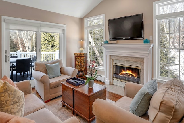 living room with lofted ceiling, a fireplace, and light wood-type flooring