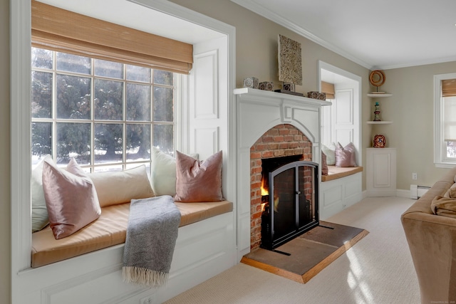 living area featuring light carpet, a baseboard heating unit, crown molding, and a fireplace