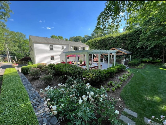 back of property featuring a yard, a pergola, and a patio