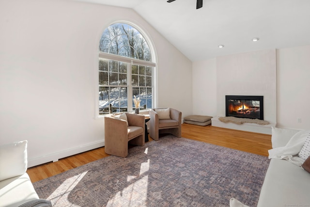 living room featuring ceiling fan, hardwood / wood-style floors, and lofted ceiling