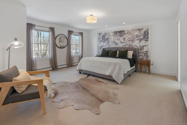 bedroom featuring light colored carpet