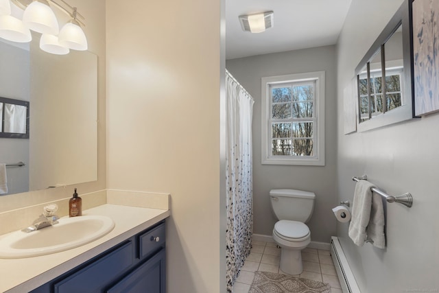 bathroom with baseboard heating, tile patterned floors, toilet, walk in shower, and vanity