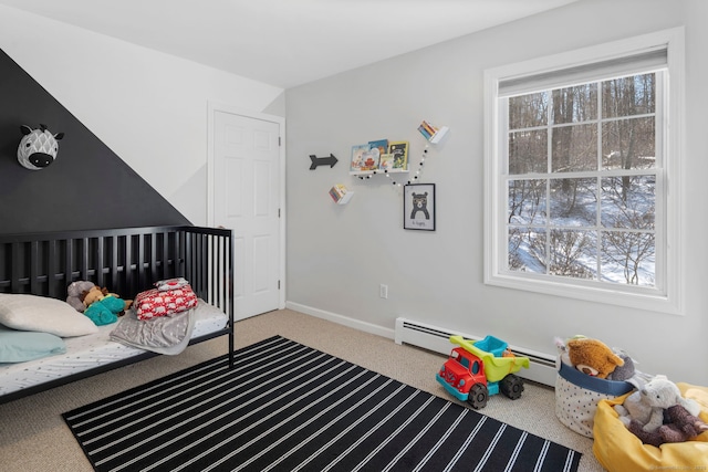 bedroom with carpet flooring and a crib