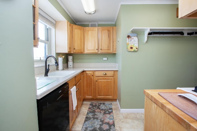 kitchen featuring sink, light tile patterned floors, black dishwasher, ornamental molding, and light brown cabinetry