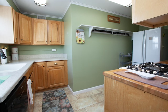 kitchen with light tile patterned flooring, sink, butcher block countertops, ornamental molding, and white appliances