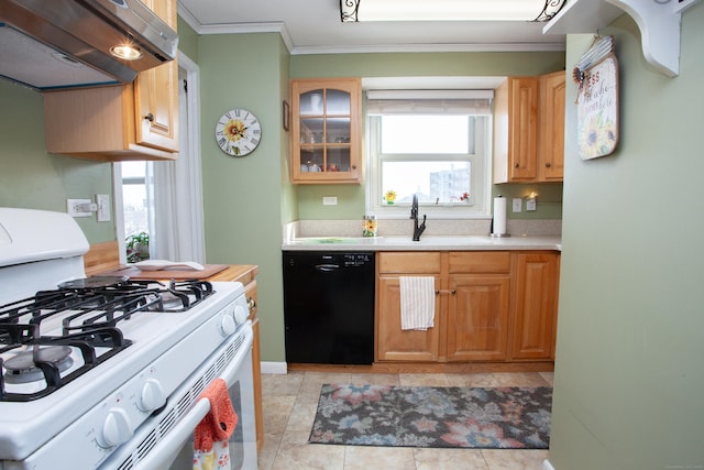 kitchen featuring extractor fan, sink, black dishwasher, ornamental molding, and white range with gas stovetop