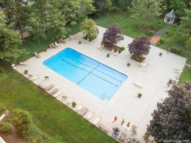 view of pool featuring a yard and a patio area