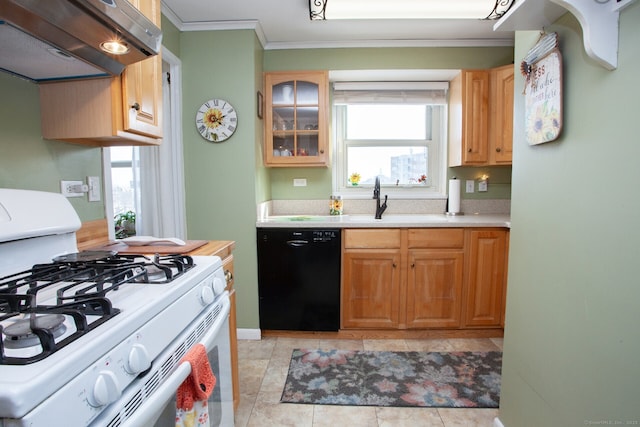 kitchen with sink, crown molding, black dishwasher, extractor fan, and white gas stove