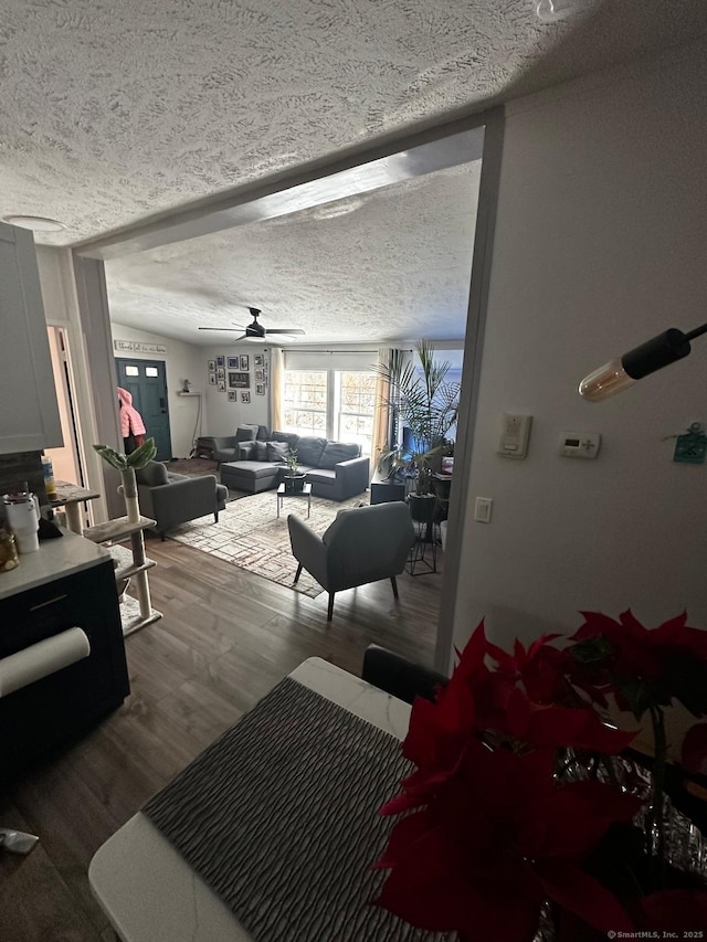 living room featuring dark wood-type flooring, ceiling fan, and a textured ceiling