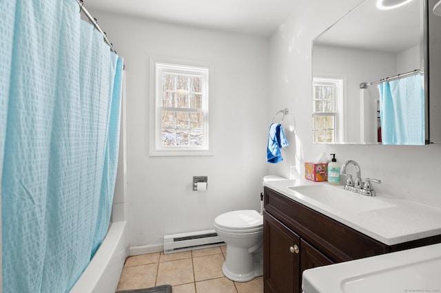 full bathroom with a baseboard radiator, tile patterned flooring, toilet, vanity, and shower / bathtub combination with curtain