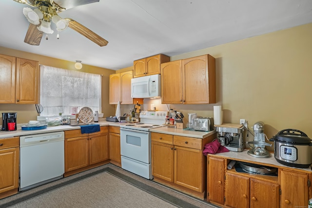 kitchen with ceiling fan, sink, and white appliances