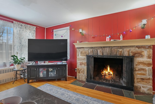 living room featuring a fireplace, light hardwood / wood-style floors, and radiator