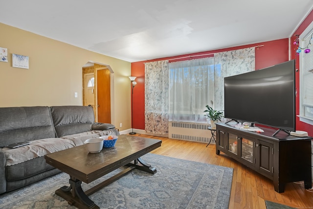 living room with light hardwood / wood-style floors and radiator