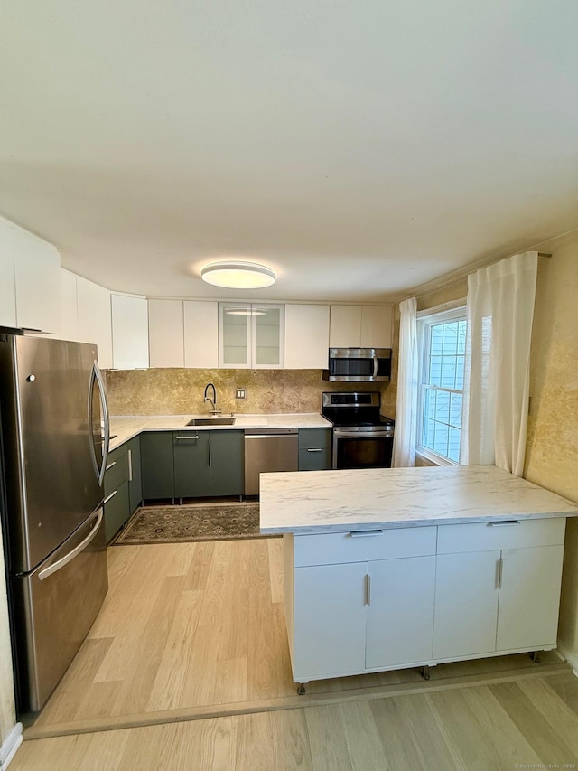 kitchen featuring white cabinetry, stainless steel appliances, sink, and backsplash