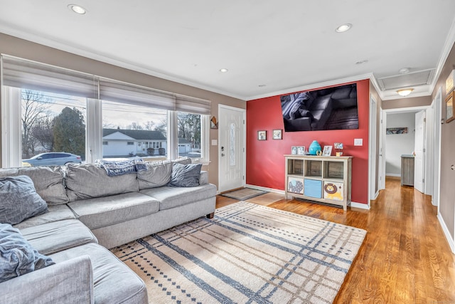 63 Contact Dr, West Haven, CT 06516 - living room featuring ornamental molding, wood finished floors, baseboards, attic access, and recessed lighting