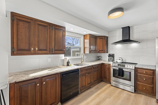 kitchen with sink, tasteful backsplash, stainless steel electric range, dishwasher, and wall chimney range hood