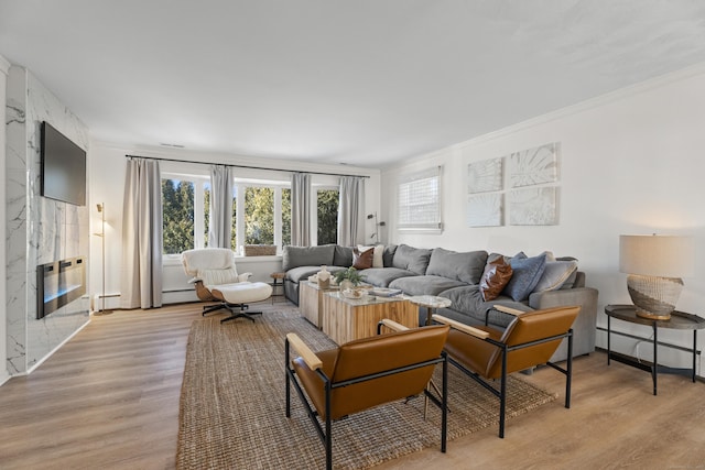 living room with a baseboard radiator, ornamental molding, a fireplace, and light wood-type flooring