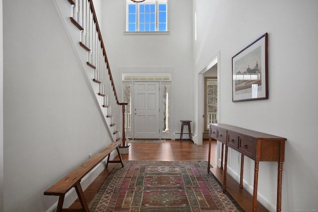 foyer with a high ceiling and dark wood-type flooring