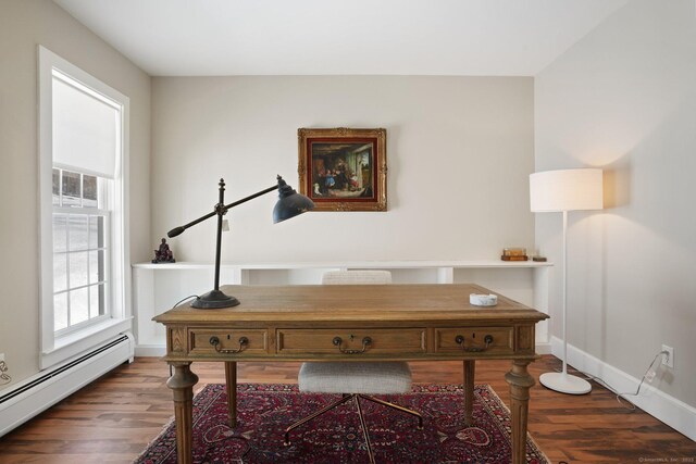 office area featuring a baseboard radiator, wood finished floors, and baseboards