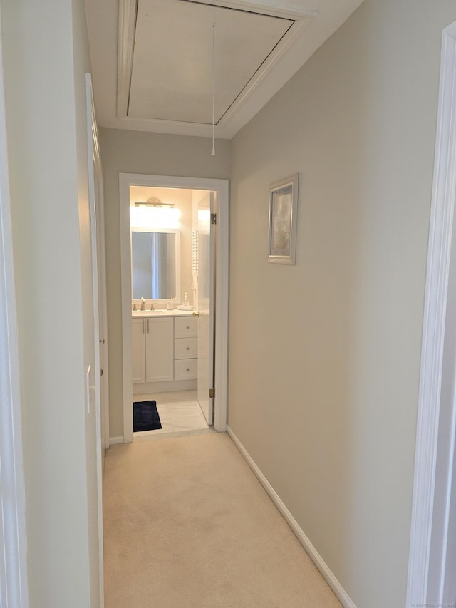 hall featuring light colored carpet and sink