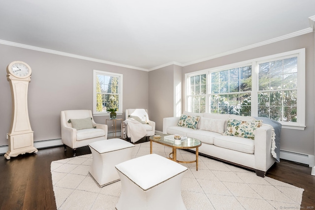 living room with ornamental molding, light hardwood / wood-style flooring, and a baseboard heating unit