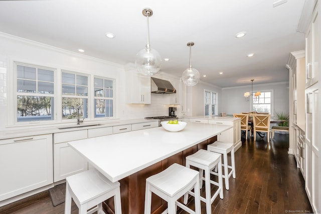 kitchen with sink, range hood, a center island, white cabinets, and decorative light fixtures