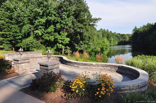 view of home's community with a water view and a wooded view