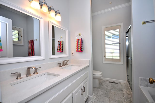 full bathroom featuring an enclosed shower, toilet, a sink, and marble finish floor