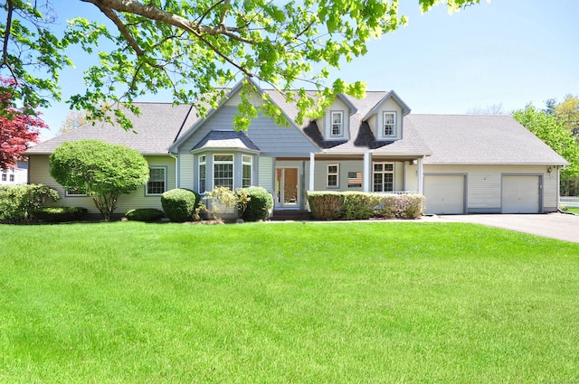 view of front of property featuring concrete driveway, a shingled roof, a front yard, and a garage