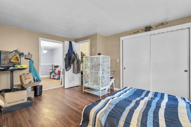 bedroom with dark hardwood / wood-style flooring and a closet