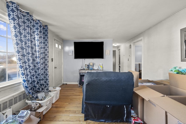 living room with radiator and light wood-type flooring