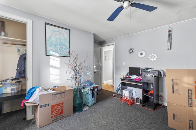 office space with ceiling fan and carpet flooring