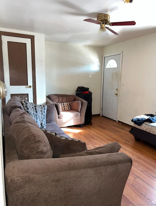 living room with ceiling fan and wood-type flooring