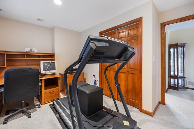 home office with baseboards, recessed lighting, visible vents, and light colored carpet