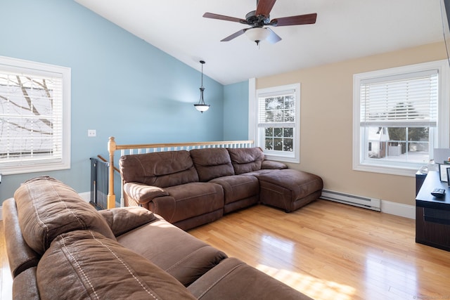 living room with lofted ceiling, light hardwood / wood-style flooring, ceiling fan, and baseboard heating